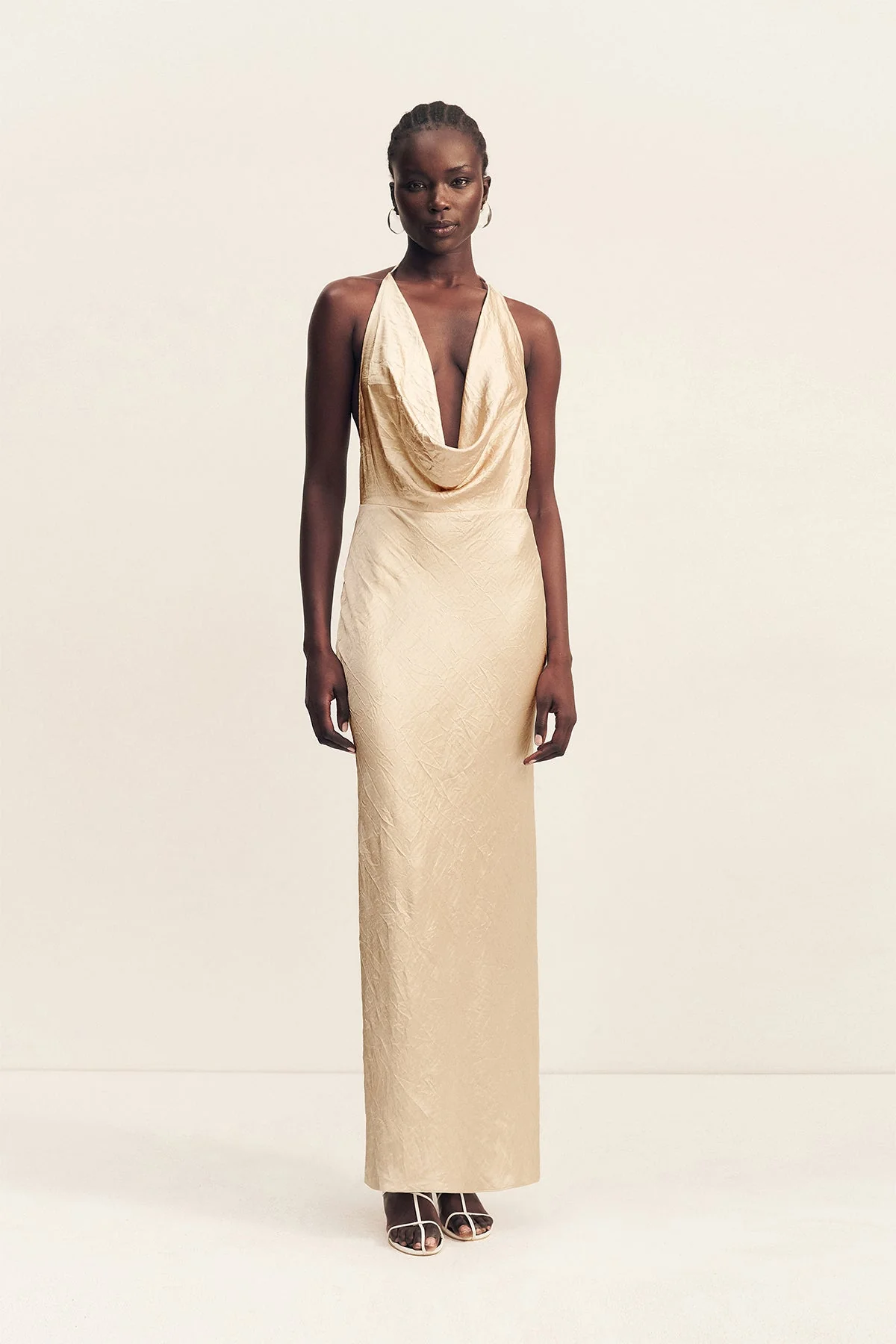 ANDIE CRUSHED LOW COWL MAXI DRESS - CHAMPAGNE