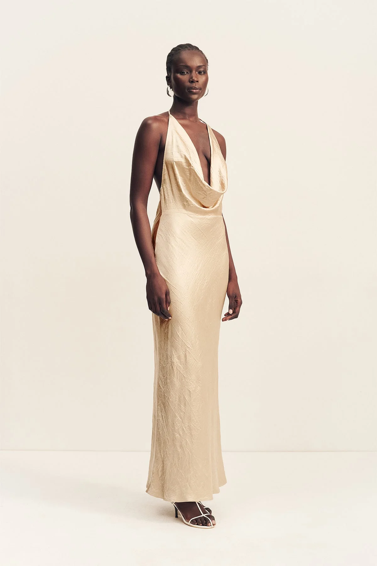 ANDIE CRUSHED LOW COWL MAXI DRESS - CHAMPAGNE - Image 3