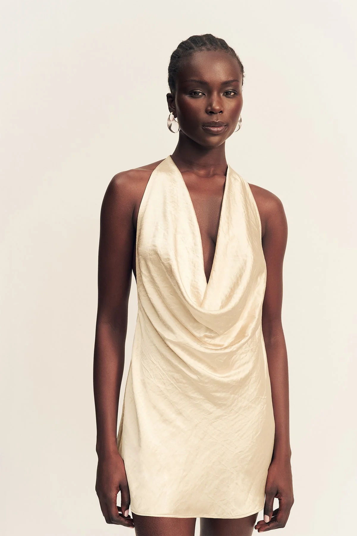ANDIE CRUSHED LOW COWL MINI DRESS - CHAMPAGNE - Image 2