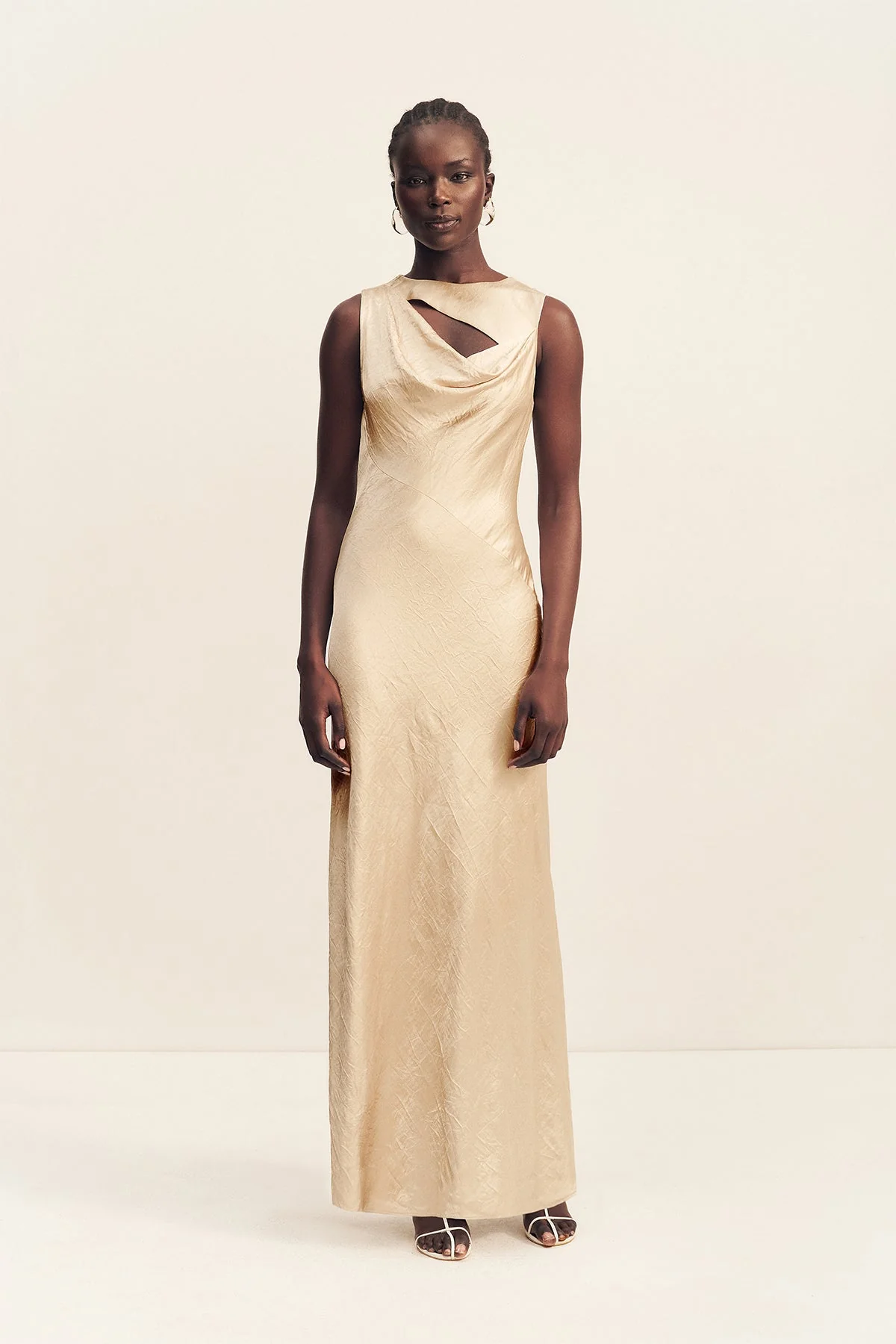 ANDIE CRUSHED SLEEVELESS COWL MAXI DRESS - CHAMPAGNE