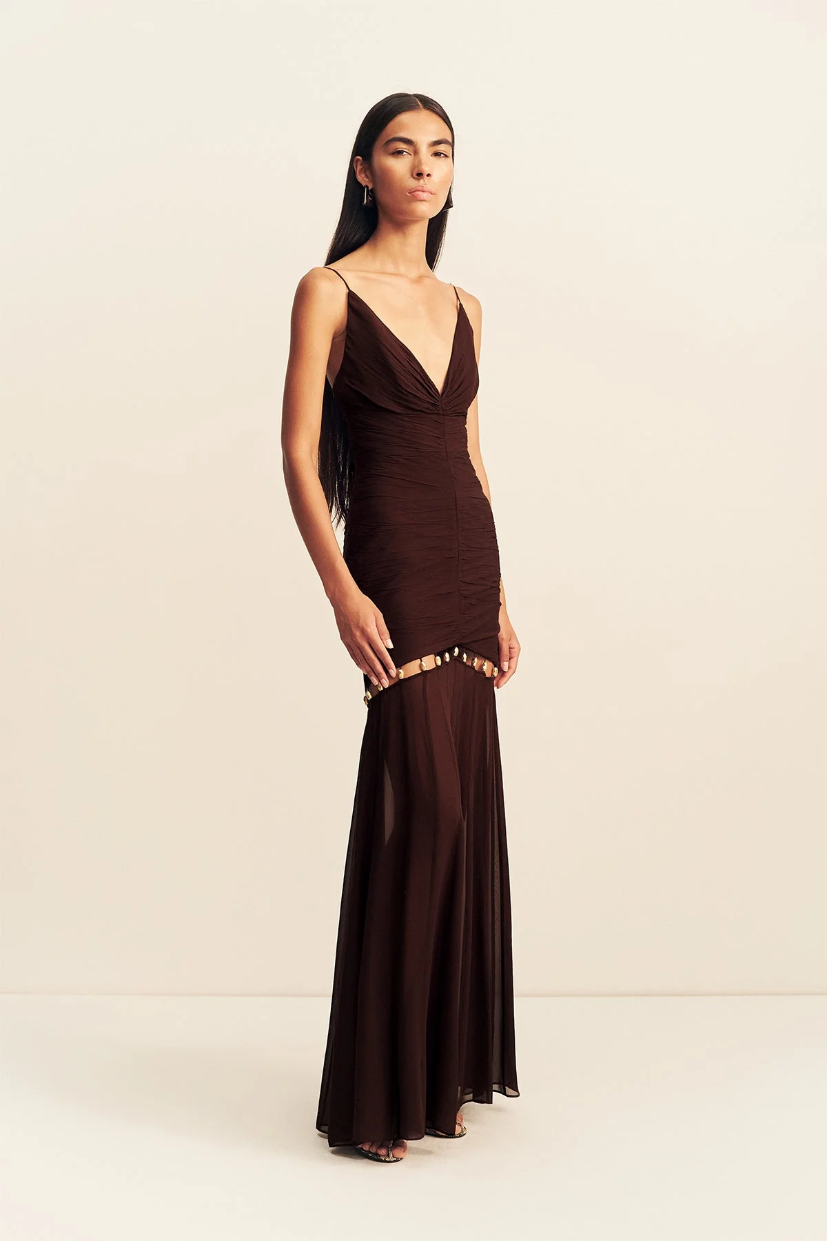 EMILIE GATHERED MAXI DRESS WITH BEADS - RISTRETTO - Image 3