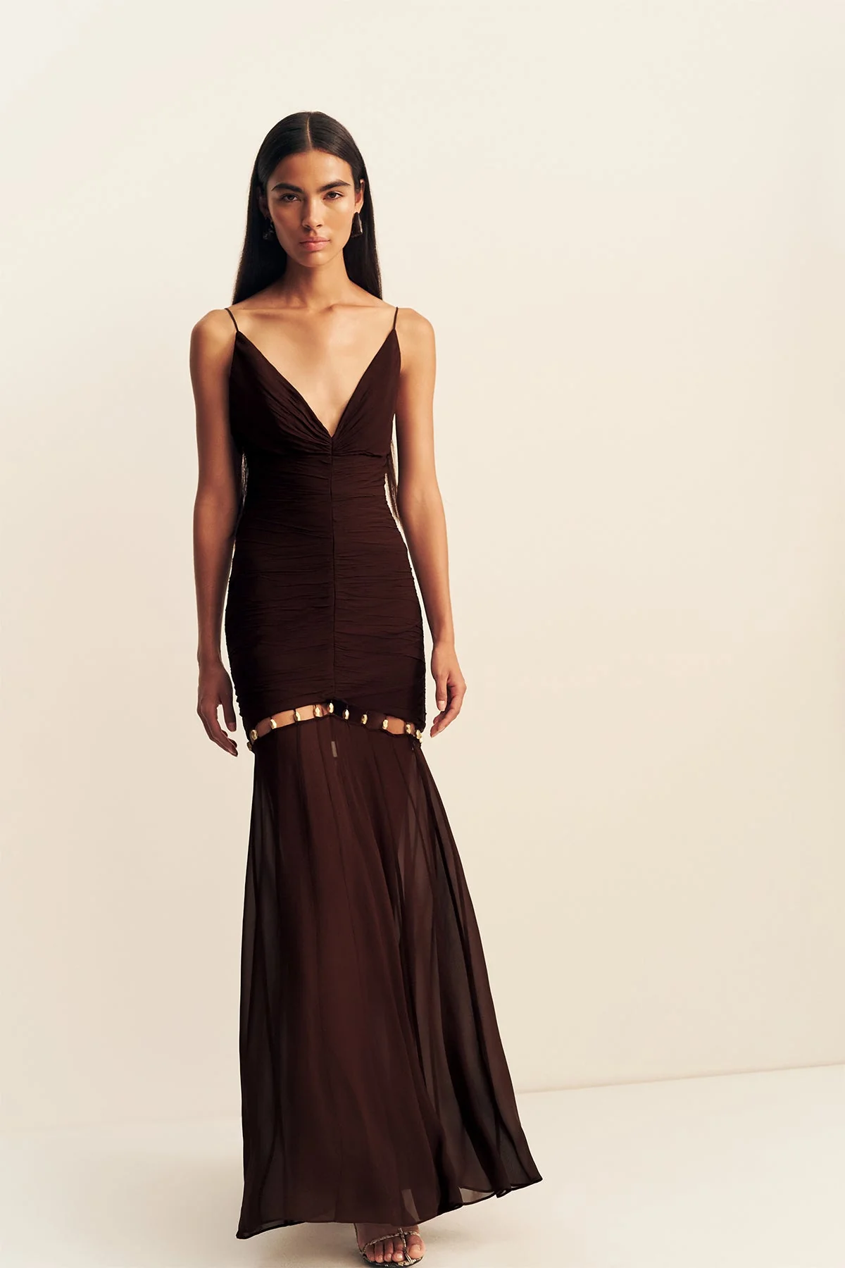 EMILIE GATHERED MAXI DRESS WITH BEADS - RISTRETTO - Image 6