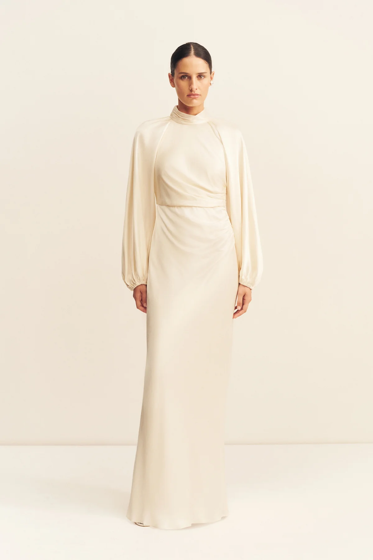 LA LUNE HIGH NECK BALLOON SLEEVE MAXI DRESS - CREAM
