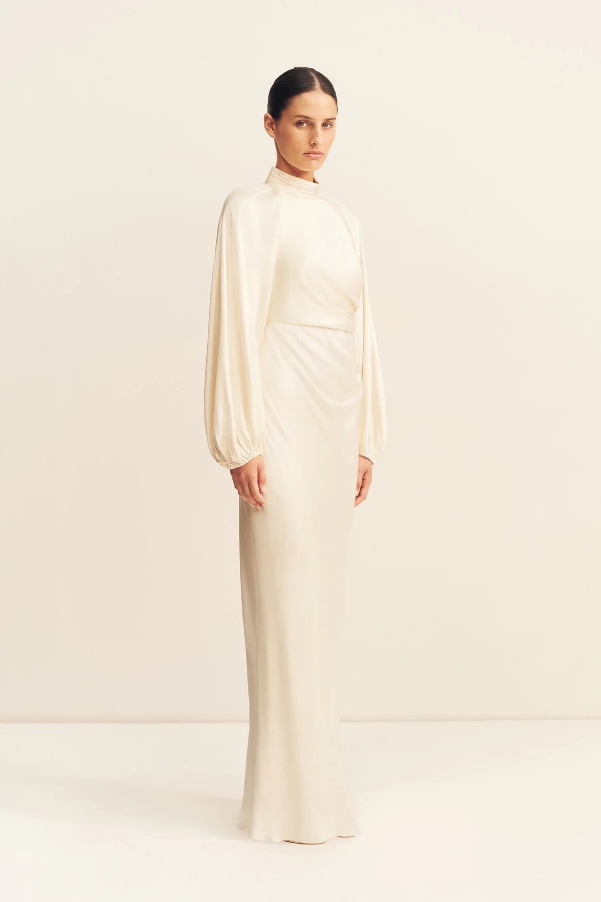LA LUNE HIGH NECK BALLOON SLEEVE MAXI DRESS - CREAM - Image 3