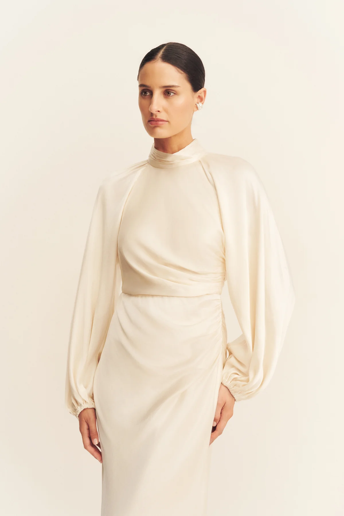 LA LUNE HIGH NECK BALLOON SLEEVE MAXI DRESS - CREAM - Image 6