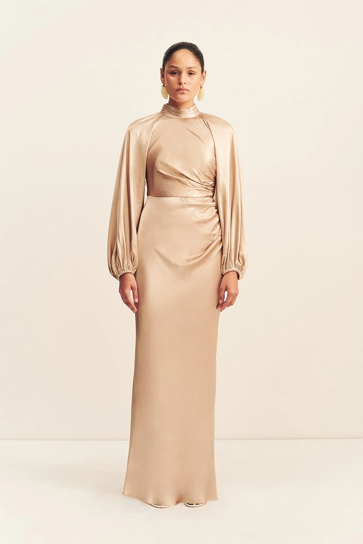 LA LUNE HIGH NECK BALLOON SLEEVE MAXI DRESS - GOLD