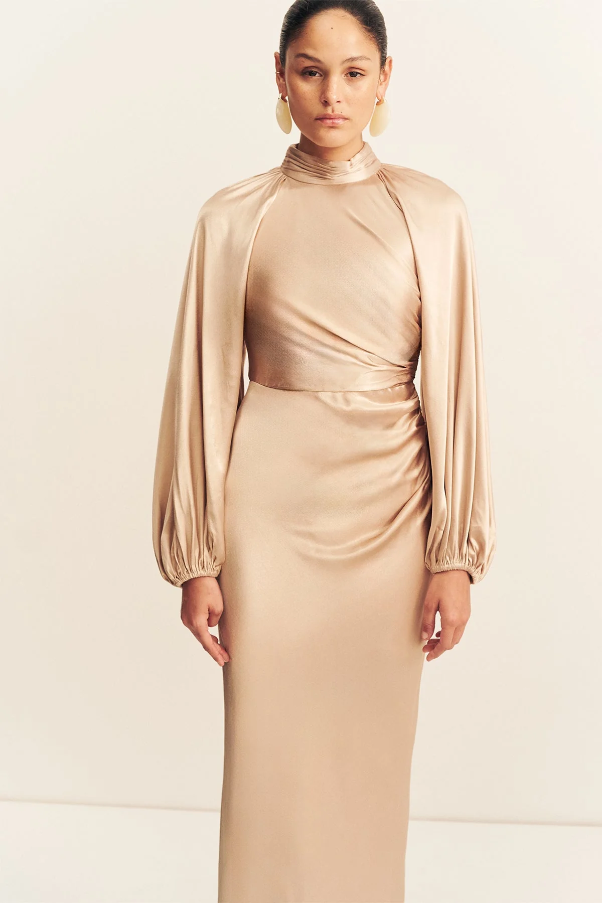 LA LUNE HIGH NECK BALLOON SLEEVE MAXI DRESS - GOLD - Image 2