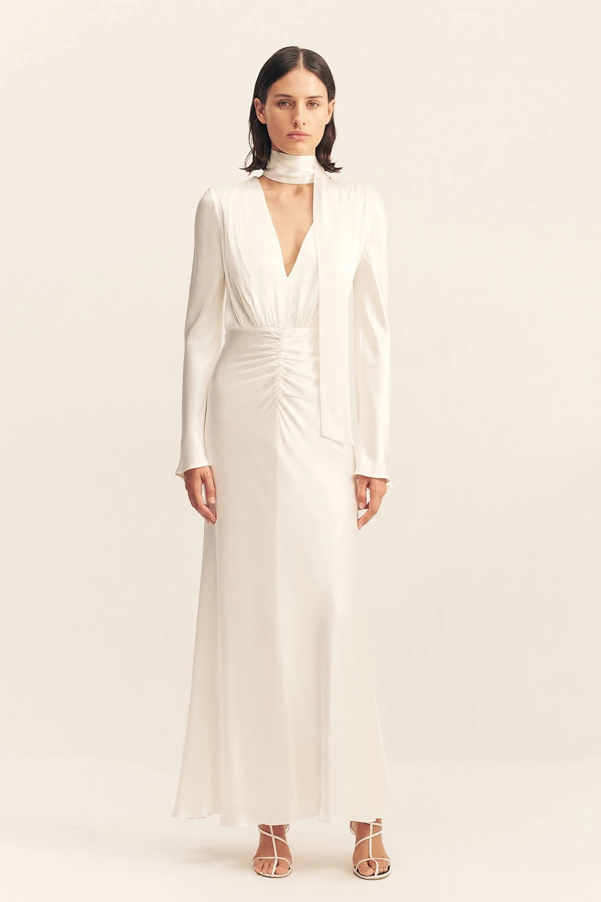 LA LUNE PLUNGED LONG SLEEVE MAXI DRESS - WHITE