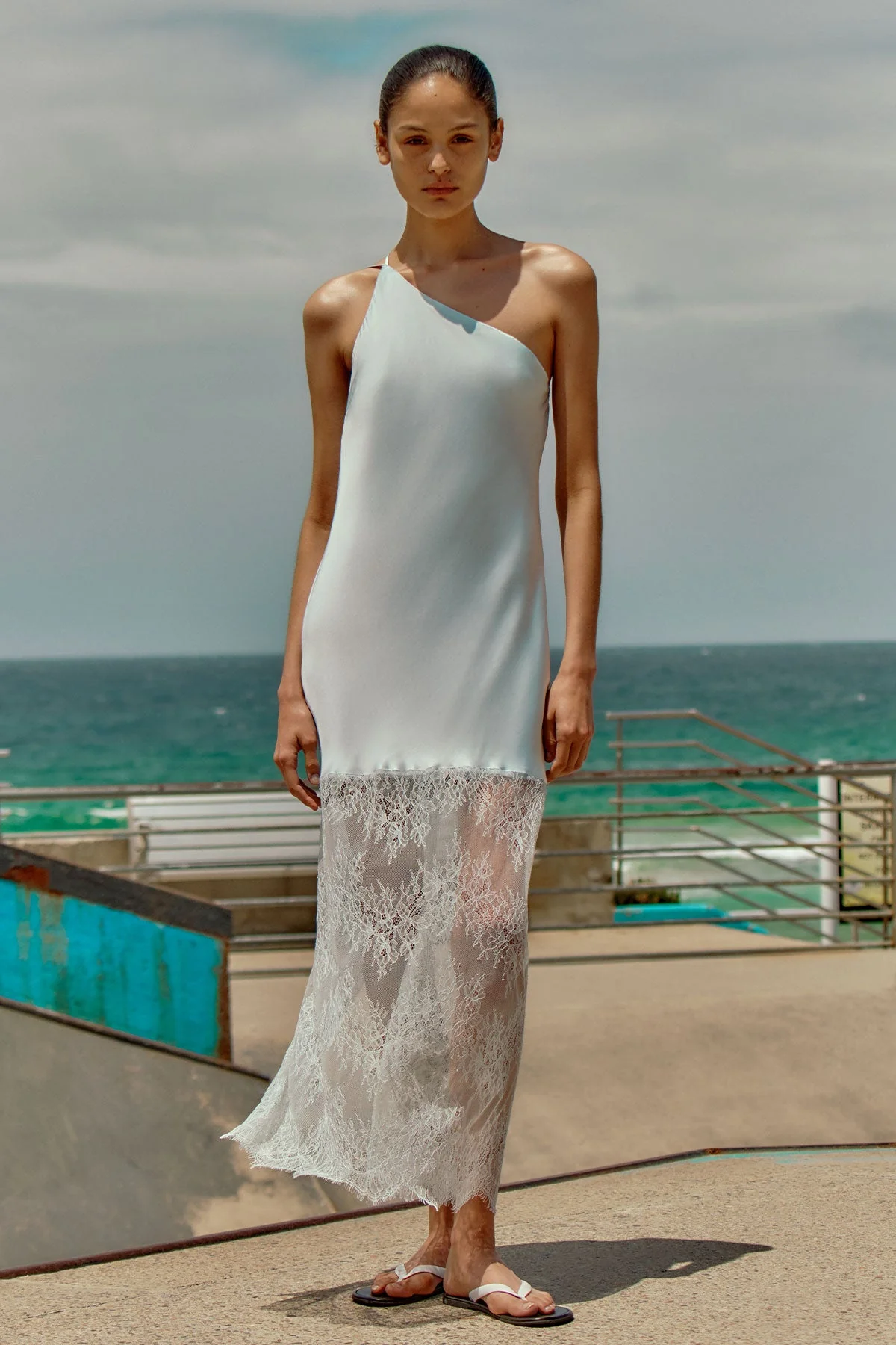LABYRINTH LACE ONE SHOULDER COWL MAXI DRESS - PALE BLUE - Image 6