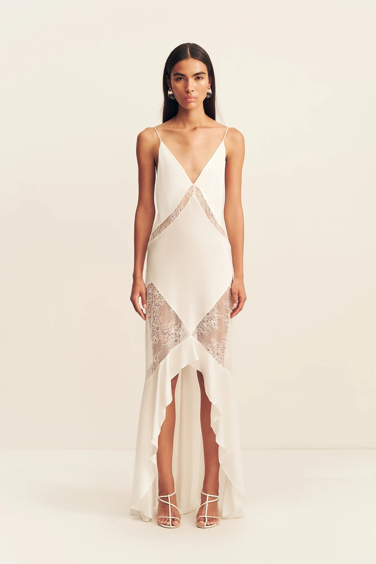 LABYRINTH LACE PANELLED RUFFLE MAXI DRESS - IVORY