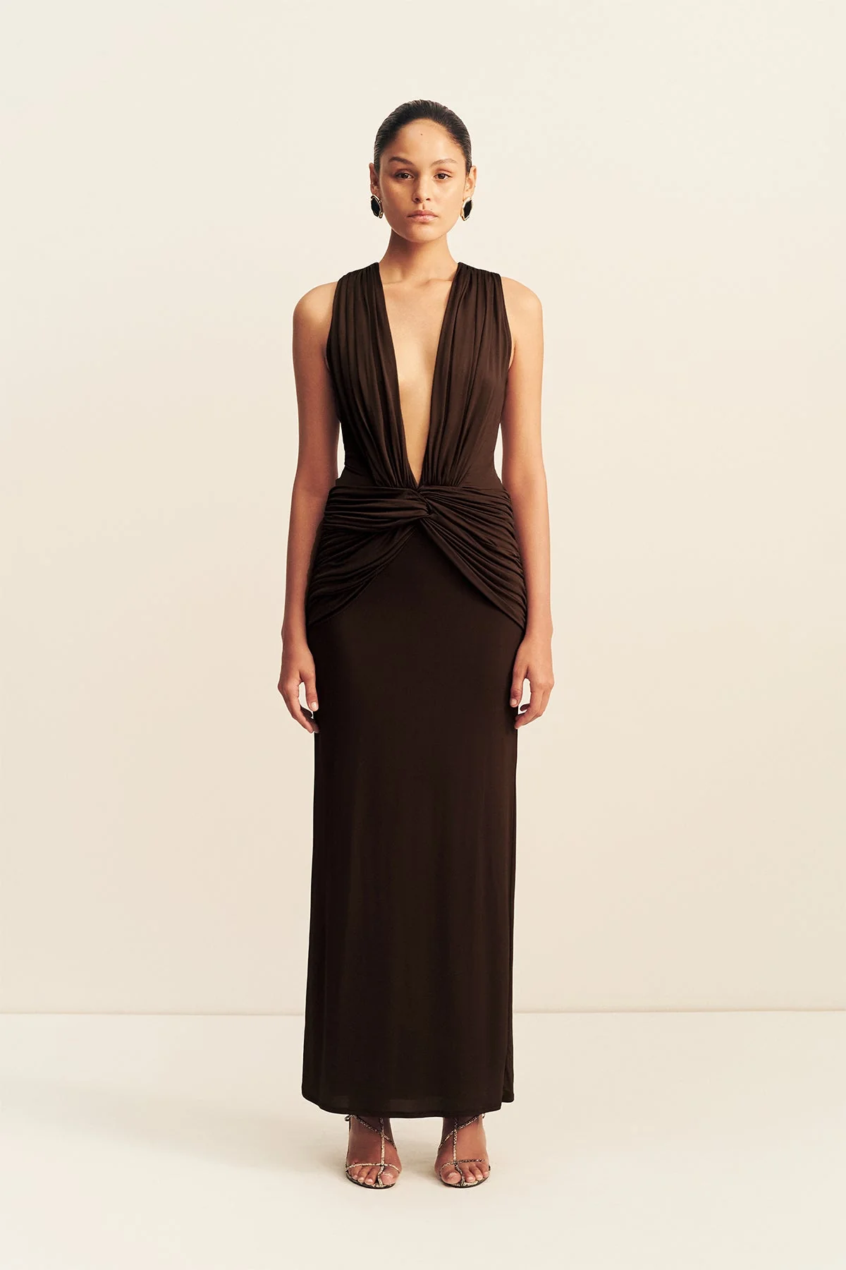 MIRO SLINKY JERSEY PLUNGED MAXI DRESS - RISTRETTO