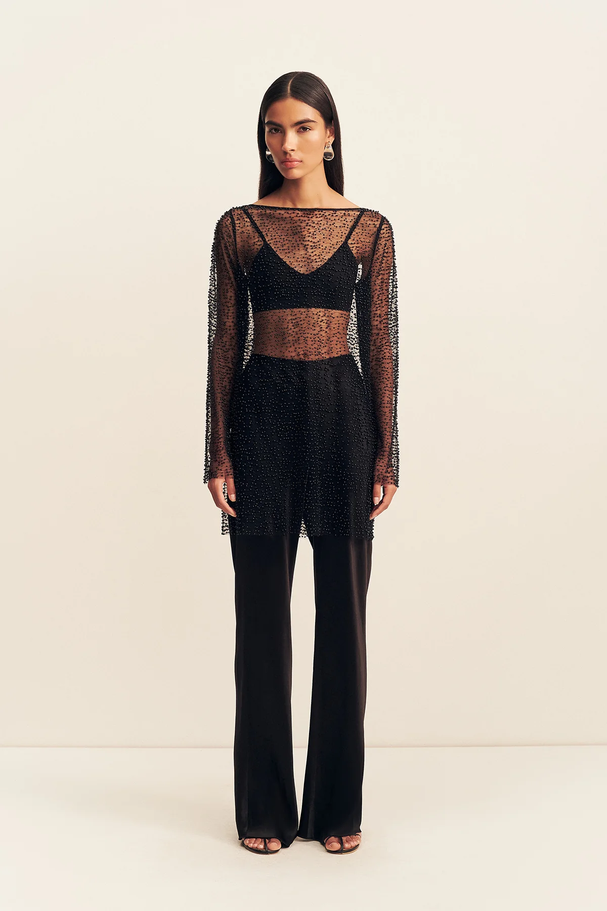 MONA BEADED LONG SLEEVE MINI DRESS - BLACK - Image 6