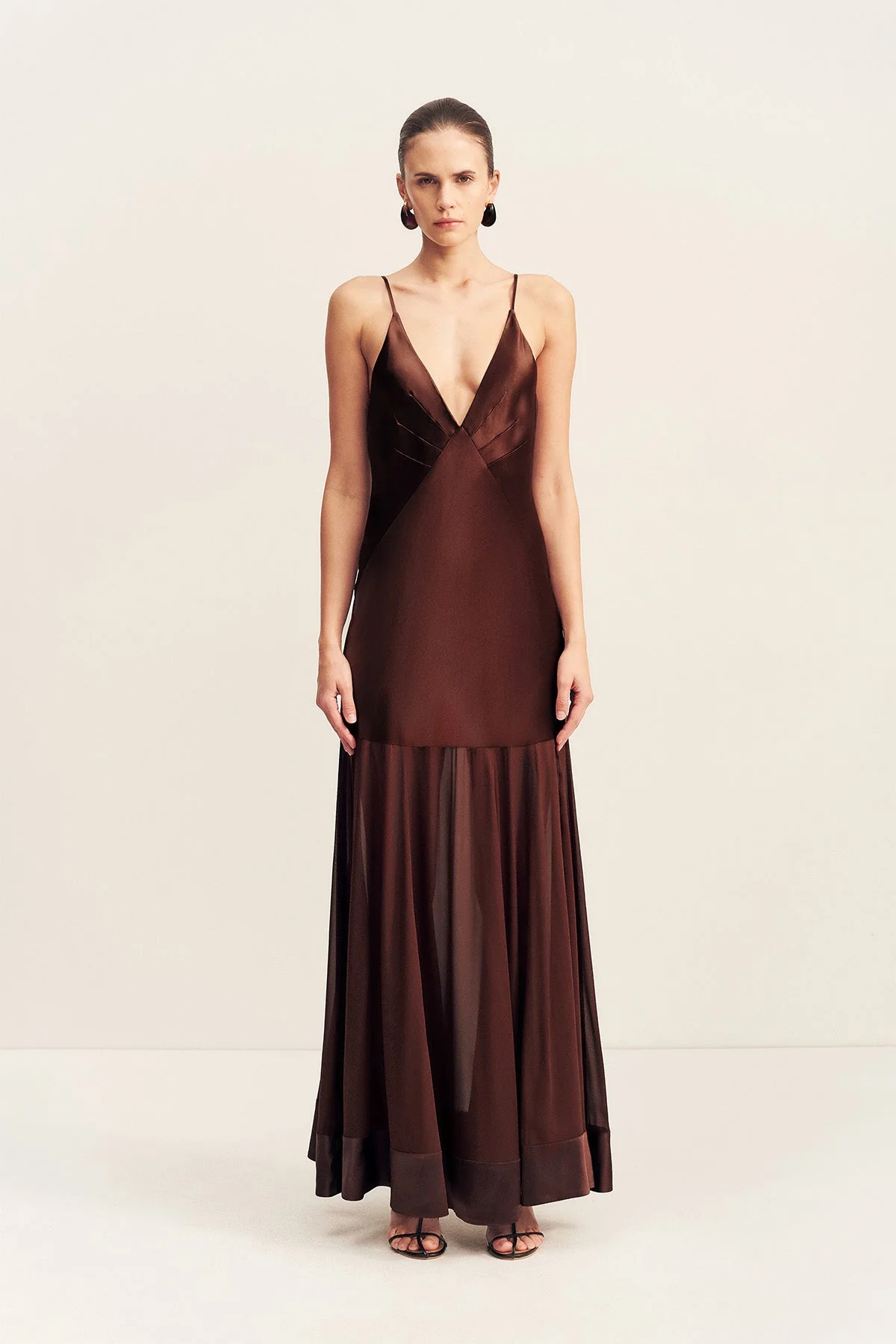 MORAYA PLUNGED MAXI DRESS - COFFEE