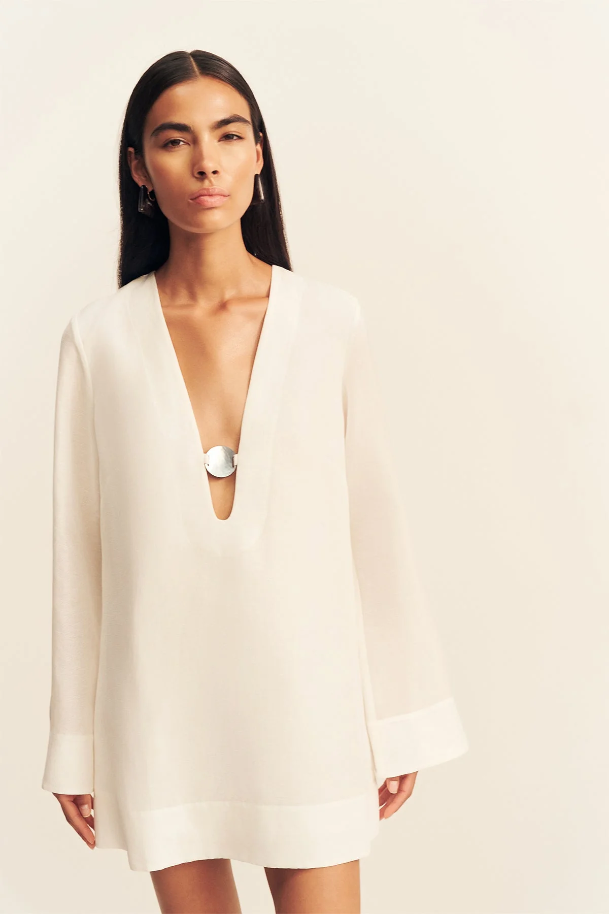 PALOMA PLUNGED LONG SLEEVE MINI DRESS - IVORY - Image 2