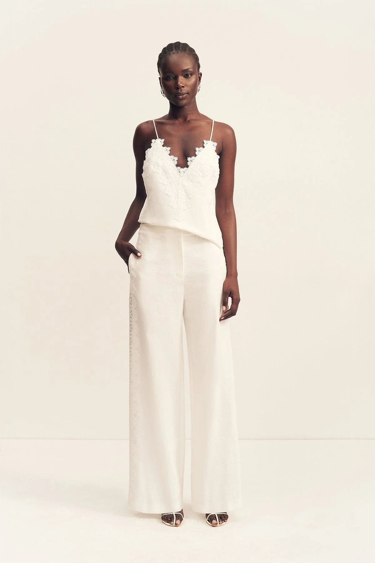 TOILE LINEN LACE WIDE LEG PANT - IVORY